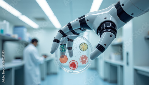 Futuristic Robot in Lab with Petri Dish