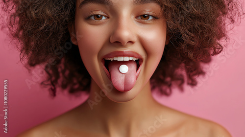 Wallpaper Mural Smiling Woman with Pill on Tongue - Health and Wellness Theme Torontodigital.ca