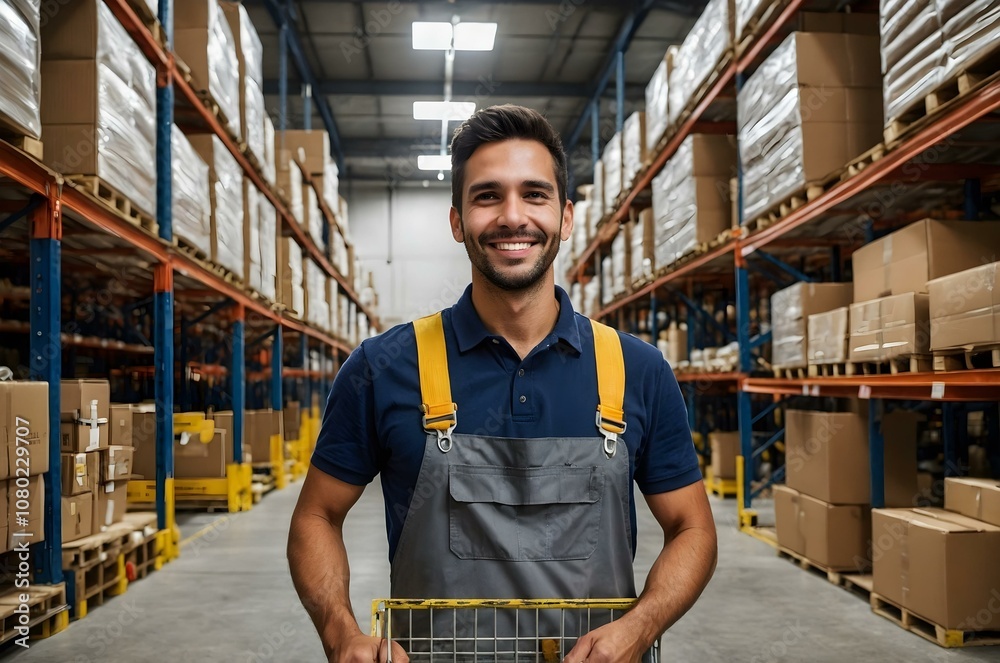 Happy warehouse employee in a safety vest, working in an organized storehouse. Perfect for business and logistics-related images. Happy warehouse employee in a safety vest, working in an organized storehouse. Perfect for business and logistics-related images.