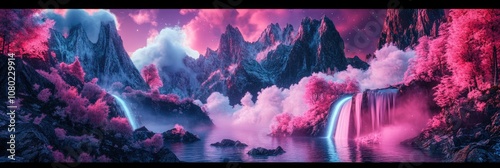 Mystical mountain landscape with bold pinks and blues, where clouds form fractal patterns, and waterfalls glow with neon light