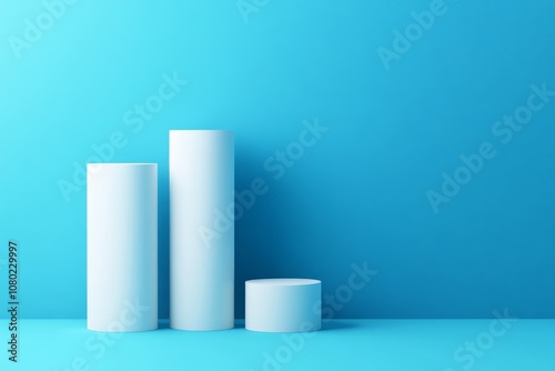 Minimalistic 3d bar graph with cylinder shapes on blue background for clean visual presentation photo