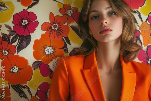 Bold retro patterns in a stylish portrait, 70s-inspired with modern color pop and a chic, vibrant look