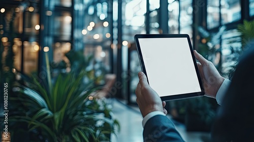 A businessman holding a blank tablet in a modern office with plants, showcasing a professional and innovative atmosphere. photo