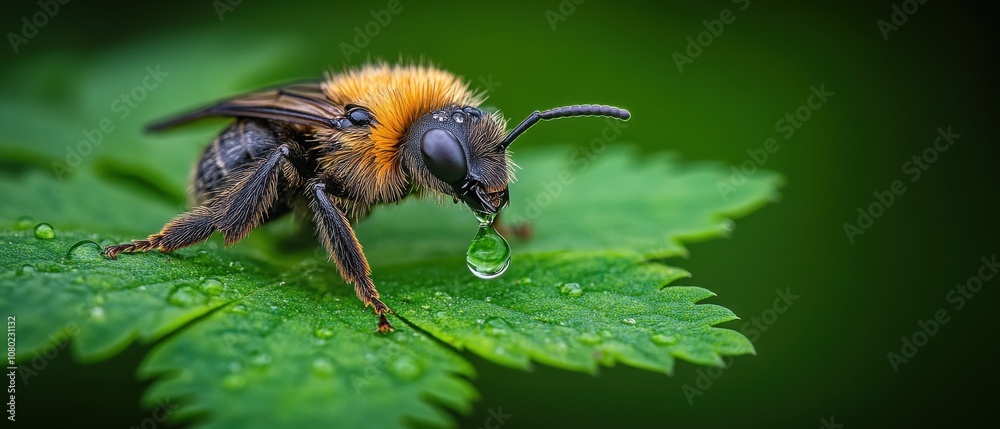 A close-up of a bee perched on a green leaf with a droplet of water, showcasing intricate details of its body and the vibrant background.