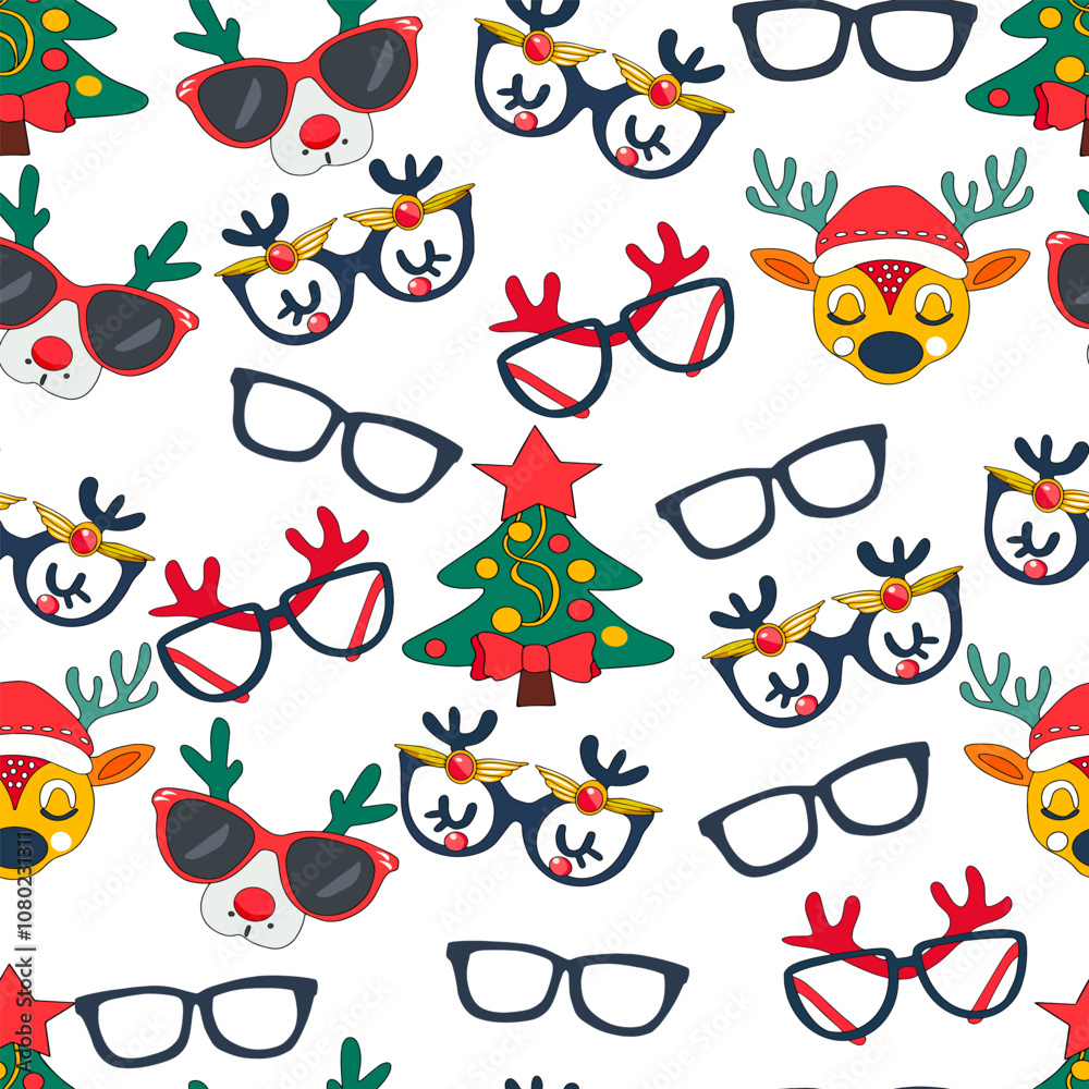 Obraz premium Cute Reindeer Glasses and Holiday Icons Pattern. Festive Christmas Pattern with Reindeer and Holiday Glasses