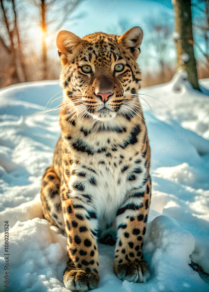 Fototapeta premium Full view of a cute Amur Leopard In the snow-covered field