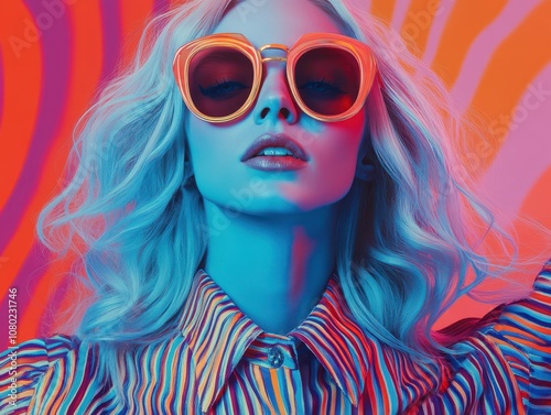 Classic 70s fashion with a modern twist, vibrant portrait showcasing iconic patterns and retro styling