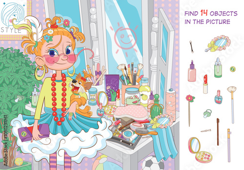 Little fashionista in front of the mirror. Vector illustration. Find 14 objects in the picture. Funny cartoon character