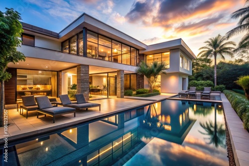 Modern Contemporary Mansion with Pool and Garden at Dusk - Luxurious Architecture, Evening Lighting, and Serene Outdoor Space