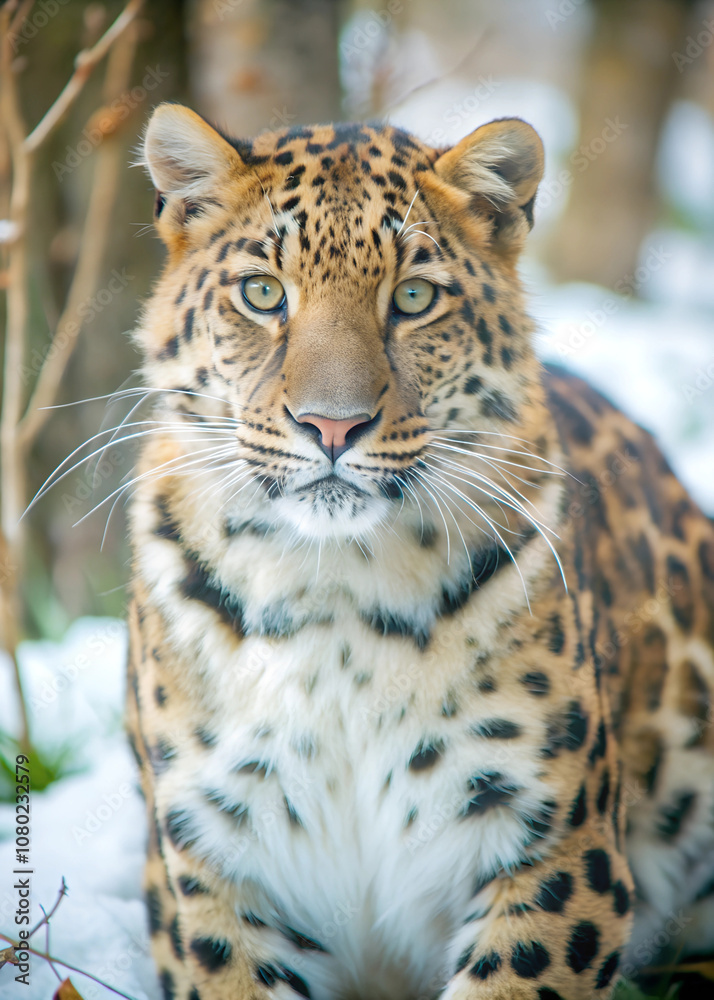 Full view of a cute Amur Leopard In the snow-covered field Full view of a cute Amur Leopard In the snow-covered field