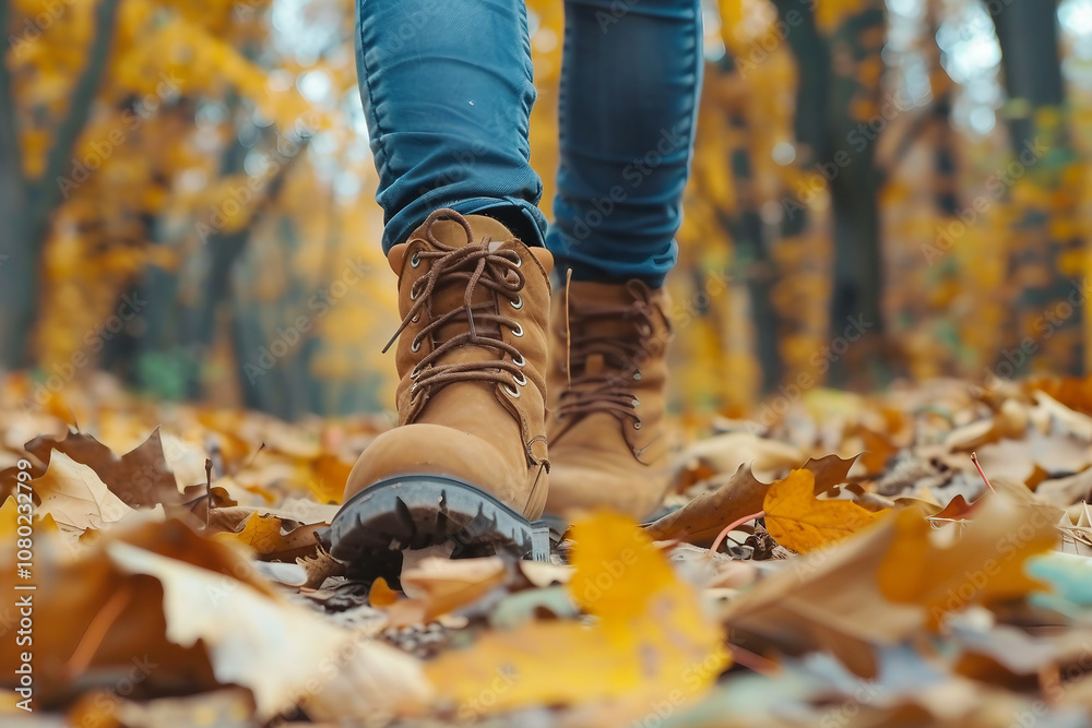 Individual Enjoying a Leaf-Covered Path While Wearing Autumn Boots Individual Enjoying a Leaf-Covered Path While Wearing Autumn Boots