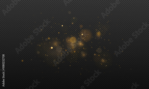 Christmas glowing bokeh confetti light effect, glitter overlay texture, festive sparkling gold dust and blur lens flare for invitation card and social media advertising banner. New year bokeh light.