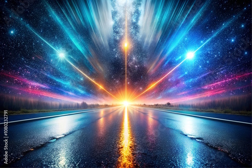  road on galaxy sky with neon rays background