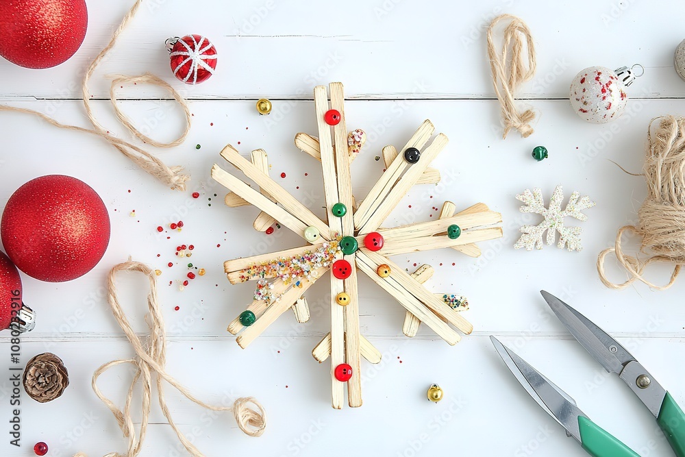 A snowflake ornament made from popsicle sticks, decorated with beads and glitter