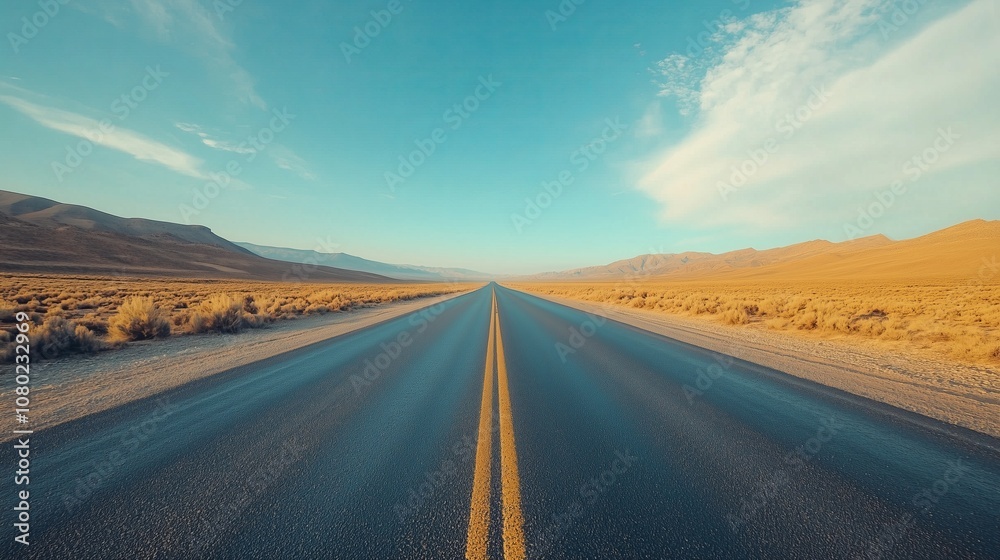 Fototapeta premium Expansive highway stretching through a desert landscape under a clear blue sky during the early afternoon.