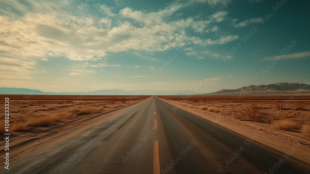 Fototapeta premium Wide open highway stretches through arid desert landscape under a blue sky with clouds in the late afternoon light.