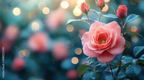Soft pink rose in bloom with delicate petals and bokeh lights in a serene garden setting Generative AI