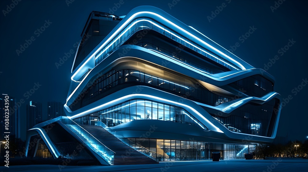 Fototapeta premium Futuristic Office Building with Modern LED Lighting and Curved Architecture