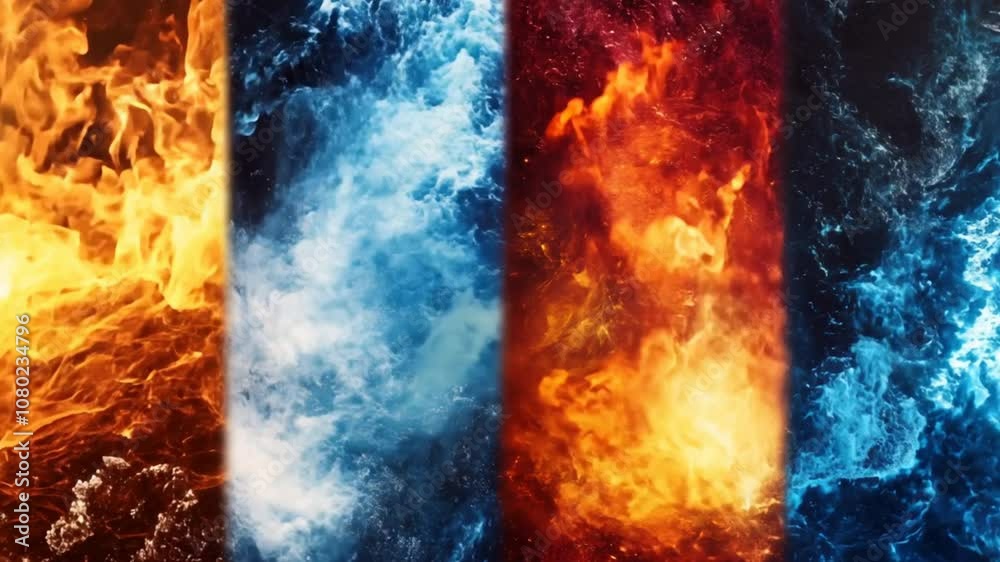 Abstract four elements wallpaper that combines fire, water, air, and earth in a vibrant, cosmic gradient