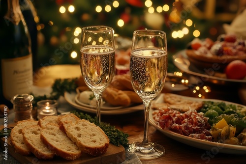 A festive table setting featuring two glasses of sparkling beverage, slices of bread, and various colorful dishes, creating a warm, celebratory atmosphere