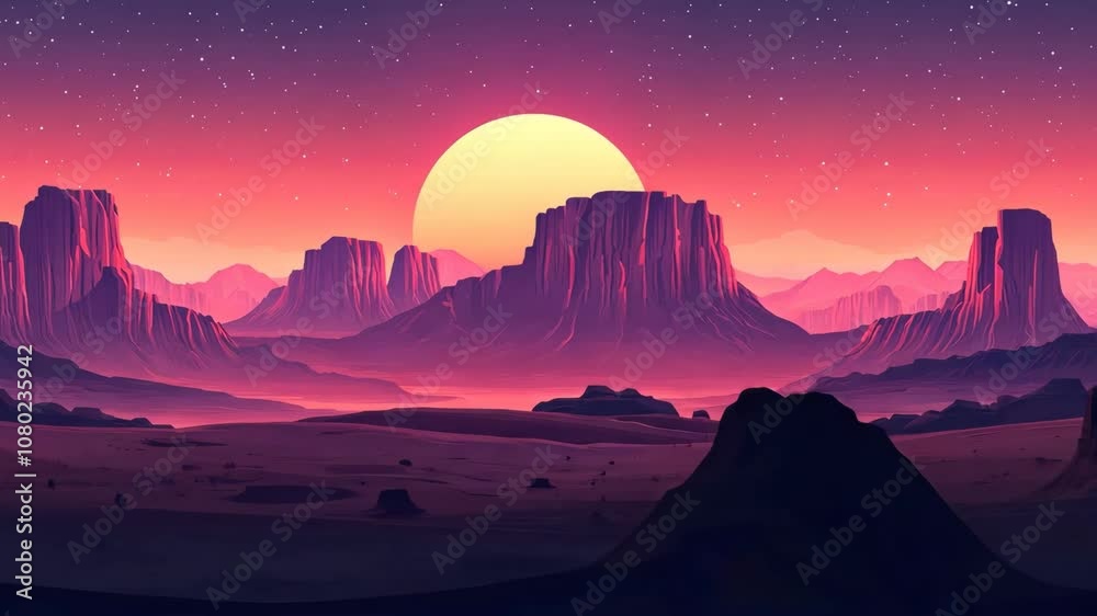 A large sun sets over a desert landscape with tall, purple mountains and a scattering of stars A large sun sets over a desert landscape with tall, purple mountains and a scattering of stars