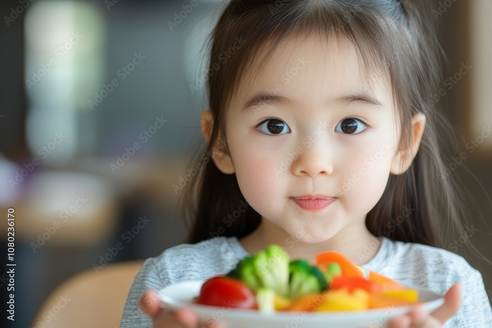 Young child happily holds a colorful plate of fresh vegetables and fruits in a bright indoor setting Young child happily holds a colorful plate of fresh vegetables and fruits in a bright indoor setting