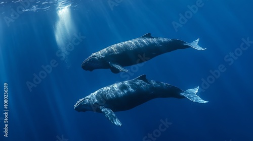 Two humpback whales swimming in the open ocean.