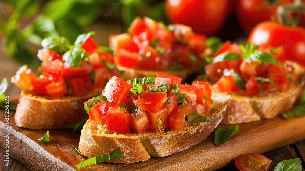 Fresh Bruschetta with Tomatoes and Basil on Rustic Wooden Board Fresh Bruschetta with Tomatoes and Basil on Rustic Wooden Board