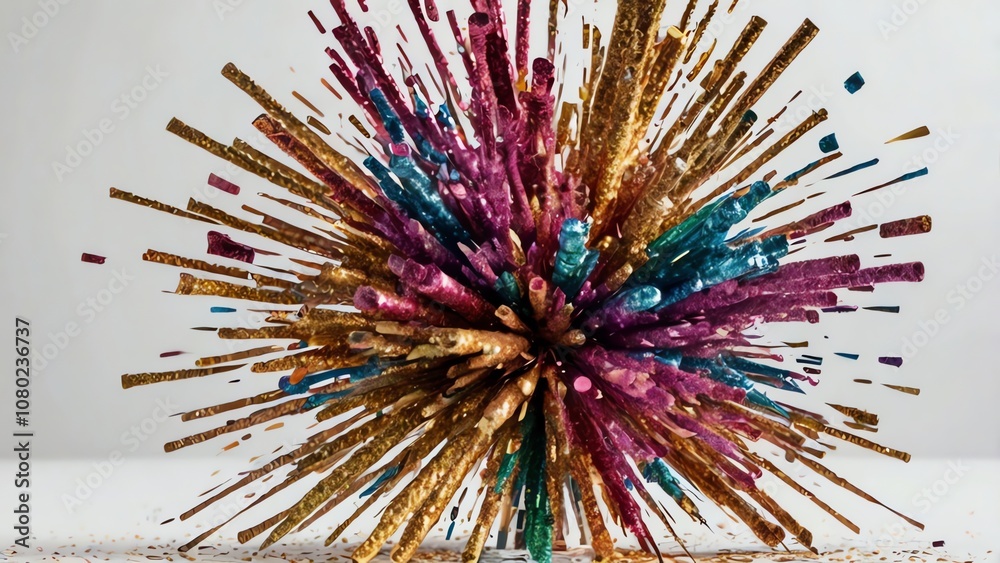 Colorful explosion of glitter and sparkles emerging from a central point on a white surface, creating a vibrant display of colors