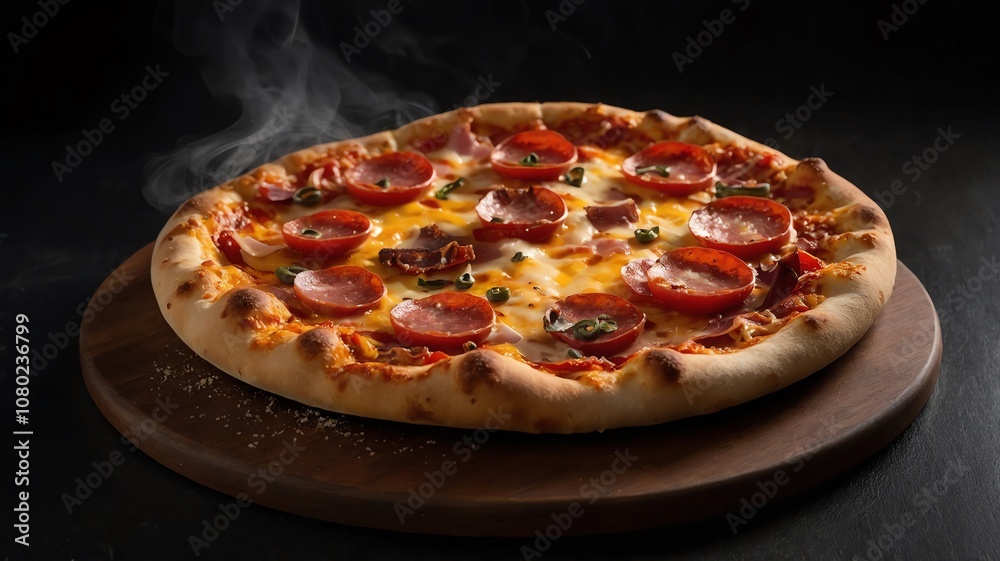 Freshly baked pepperoni pizza with melting cheese and herbs on a wooden board in a dimly lit setting Freshly baked pepperoni pizza with melting cheese and herbs on a wooden board in a dimly lit setting