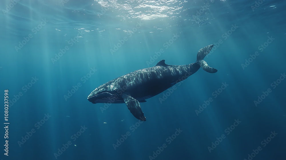 A humpback whale swims through the ocean, surrounded by a school of fish. A humpback whale swims through the ocean, surrounded by a school of fish.