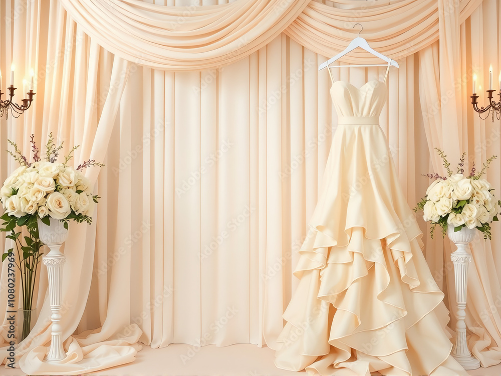 Elegant wedding dress displayed in a softly lit bridal shop with floral arrangements and draped fabric backdrop Elegant wedding dress displayed in a softly lit bridal shop with floral arrangements and draped fabric backdrop