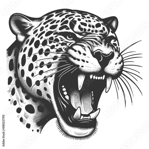 leaping leopard, roaring with fierce expression and sharp teeth. Tattoo design symbolizing power and aggression sketch engraving generative ai vector illustration. Black and white image.