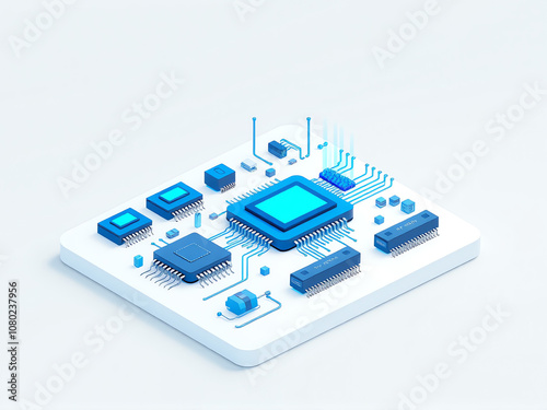 Modern blue microprocessor circuit design on a white background representing advanced technology and innovation in electronics