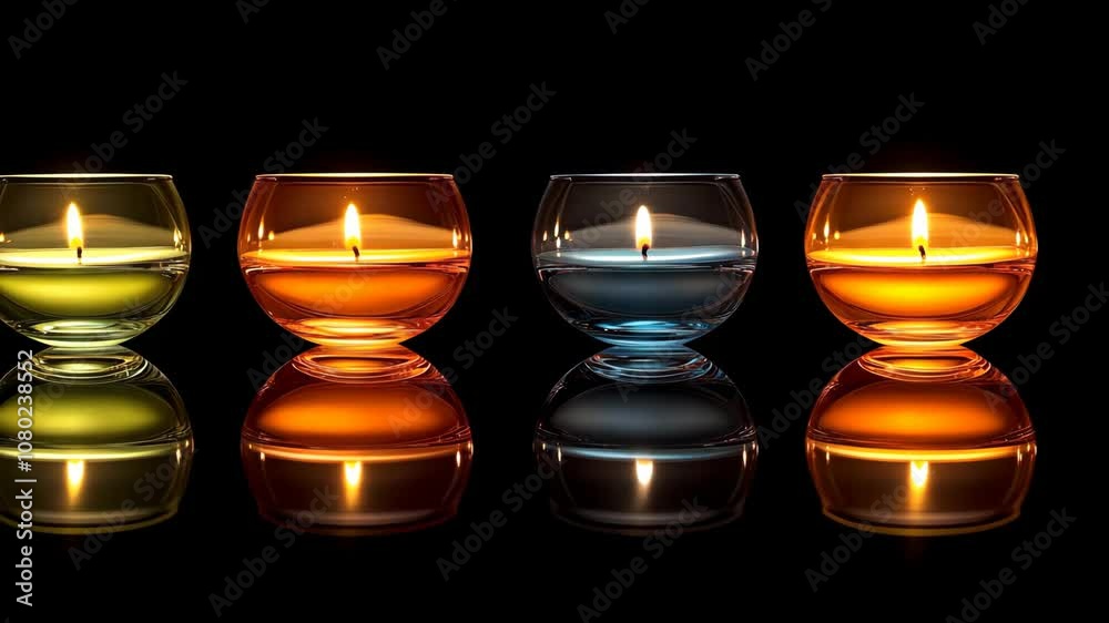 Four candles, each with a different colored wax, are burning brightly on a black surface