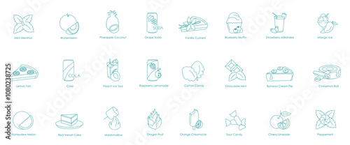 Mint Mint Roll, Watermelon, Pineapple Coconut, Grape Soda, Vanilla Custard, Blueberry Muffin, Strawberry Milkshake, Mango Ice, Lemon Tart, Cola, Peach Ice Tea, Raspberry Lemonade, Cotton Candy icons