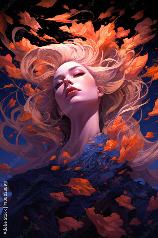 Portrait of a serene woman with flowing golden hair, surrounded by vibrant autumn leaves, evoking a sense of freedom and connection with nature. Portrait of a serene woman with flowing golden hair, surrounded by vibrant autumn leaves, evoking a sense of freedom and connection with nature.