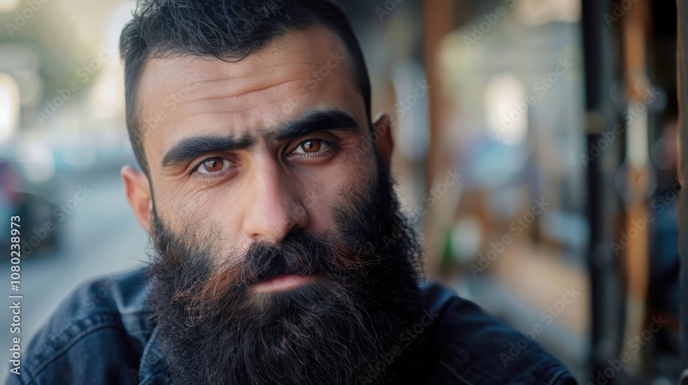 A contemplative bearded man gazing intensely while sitting at a busy café in the afternoon A contemplative bearded man gazing intensely while sitting at a busy café in the afternoon