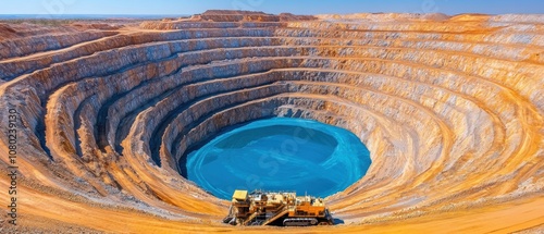 Gold mine concept, A massive open-pit mine shows layers of rock and soil, with machinery at the bottom and a striking blue water body in the center under a clear sky.