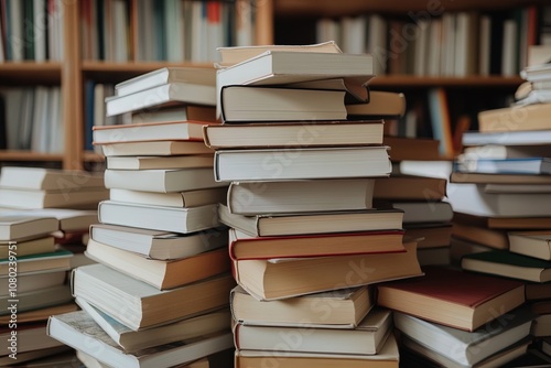 A Towering Pile of Books Rests on a Wooden Table in a Cozy Library Setting Filled With Shelves