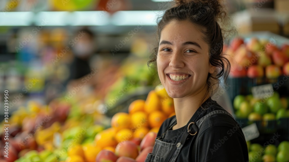 A cheerful woman enjoys her time at a vibrant supermarket fruit section filled with fresh produce A cheerful woman enjoys her time at a vibrant supermarket fruit section filled with fresh produce