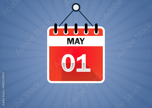 May 01, Calendar hanging sign. 1th days of the month, modern illustration. Date day of week Sunday, Monday, Tuesday, Wednesday, Thursday, Friday, Saturday. Flat style