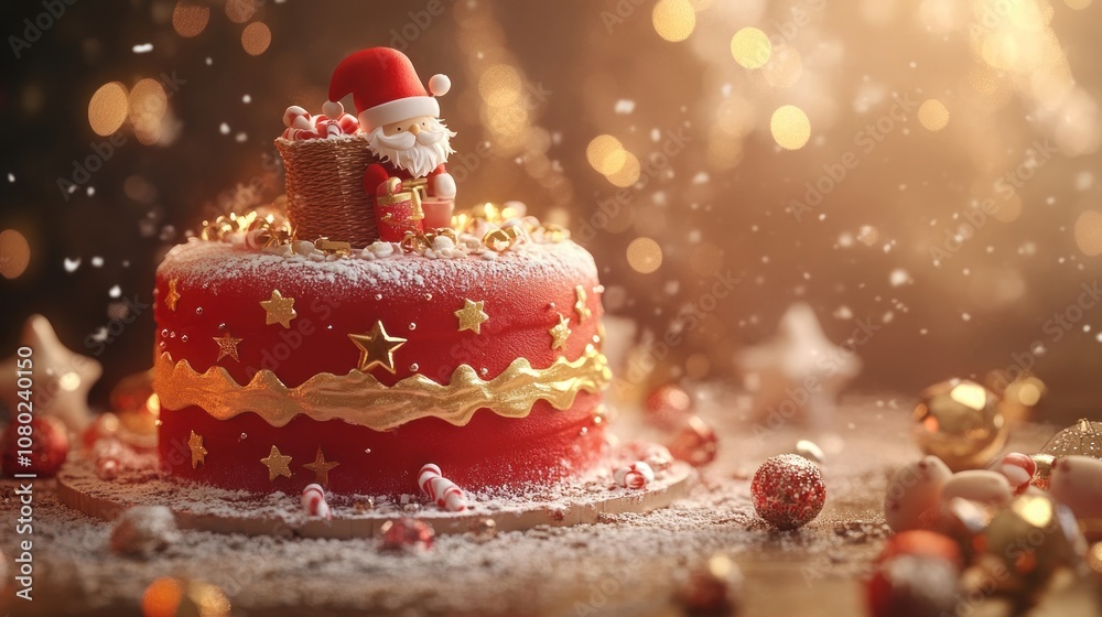 A festive Christmas cake adorned with Santa and decorations, set in a sparkling atmosphere. A festive Christmas cake adorned with Santa and decorations, set in a sparkling atmosphere.