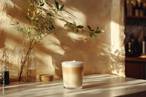 Cappuccino coffee in a vibrant, isolated cafe with chic decor, lush fronds, concrete textures, stylish, natural atmosphere