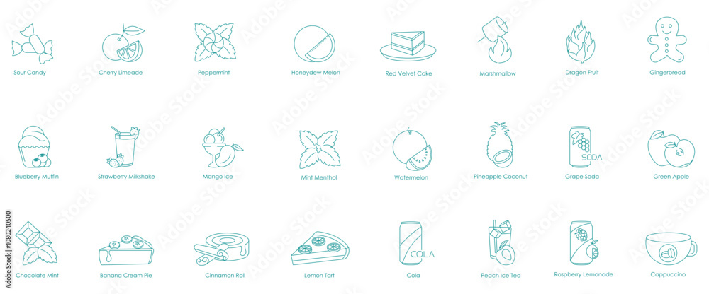 Sour Candy, Cherry Limeade, Peppermint, Honeydew Melon, Red Velvet Cake, Marshmallow, Dragon Fruit, Gingerbread, Blueberry Muffin, Strawberry Milkshake, Mango Ice, Mint Menthol, Watermelon icons