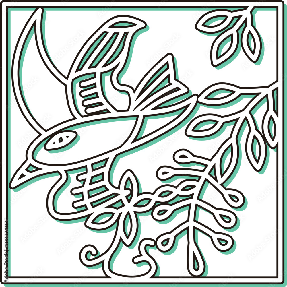 Naklejka premium カラーシャドウ正方形シンプル花札 卯月 藤 不如帰 4月 藤に不如帰