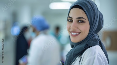 Smiling Middle Eastern female doctor in hospital ward during busy daytime filled with compassion