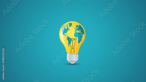 Bright yellow light bulb with globe design symbolizes global ideas and innovation, representing impact of creativity on world