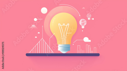 Light bulb symbolizing innovative ideas with bridge connecting growth, creativity, and progress in vibrant pink background