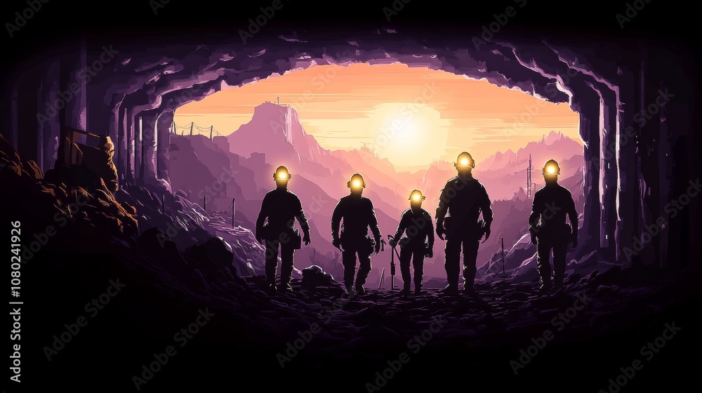 Fototapeta premium Silhouetted Miners With Headlamps Exiting Underground Tunnel at Sunset, Concept of Hope, Banner